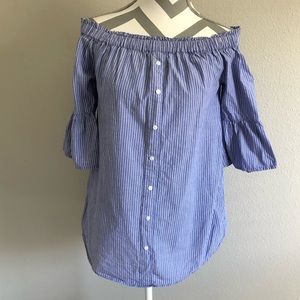 Blush Tops - Blush Blue & White Off The Shoulder Blouse Blush Tops - Blush Blue & White Off The Shoulder Blouse